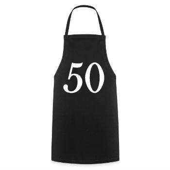50. 50 JAHRE. 50-JÄHRIGES JUBILÄUM. 50-JÄHRIGES JUBILÄUM. - Kochschürze - Schwarz - Vorne - AI Model Male 185 dark (185cm)