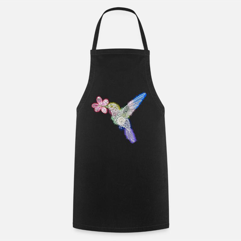 Zentangle Hummingbird with Flower - Cooking Apron - black