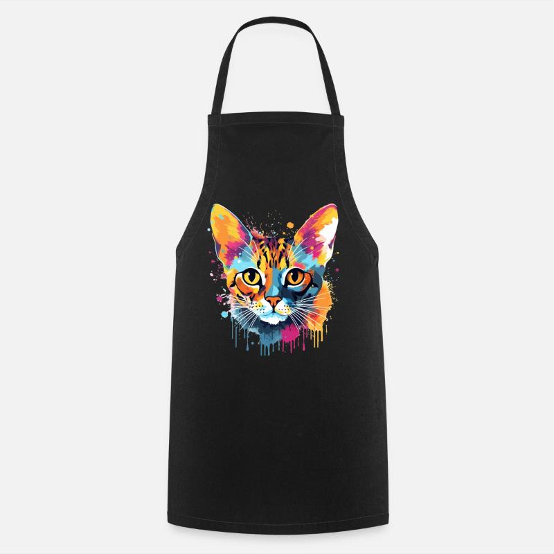 Colorful Bengal Cat Face Splash Art - Cooking Apron - black