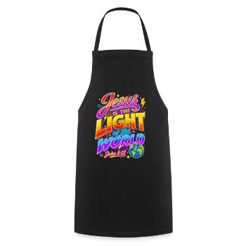 Jesus Light World VBS Johannes 8,12 - Kochschürze - Schwarz - Vorne - AI Model Male 185 dark (185cm)