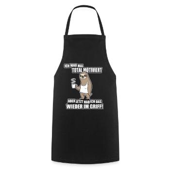 Faultier Spruch – War mal motiviert - Kochschürze - Schwarz - Vorne - AI Model Male 185 dark (185cm)