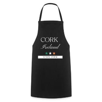Cork Irland Souvenir – Reise minimalistisch - Kochschürze - Schwarz - Vorne - AI Model Male 185 dark (185cm)