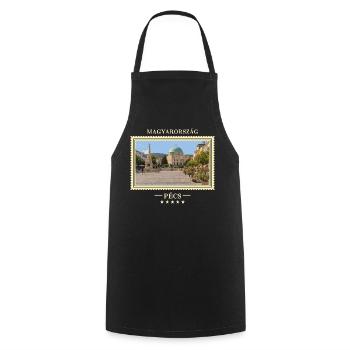 Ungarn Pécs Vintage Reisemarke - Kochschürze - Schwarz - Vorne - AI Model Male 185 dark (185cm)