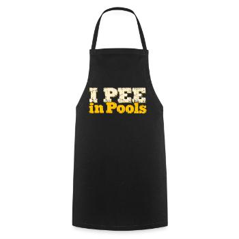 I PEE in Pools – Gelbe Distressed Schrift - Kochschürze - Schwarz - Vorne - AI Model Male 185 dark (185cm)