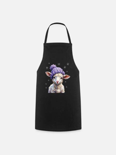 Süßes Lamm mit violetter Strickmütze - Kochschürze - Schwarz