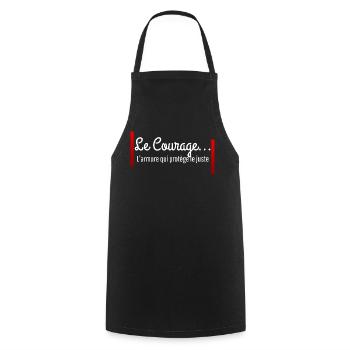 "Le Courage est l'armure qui protège le juste" - Tablier de cuisine - noir - Devant - AI Model Male 185 dark (185cm)