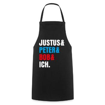 Die Drei ??? Justus& Peter& Bob& Ich - Kochschürze - Schwarz - Vorne - AI Model Male 185 dark (185cm)