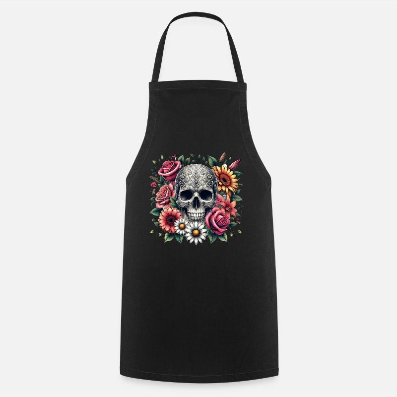 Totenschädel mit Blumen - Kochschürze - Schwarz