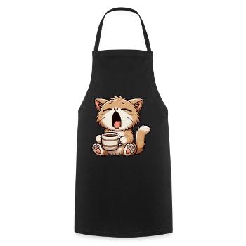 Tired cat yawns with coffee morning grouch - Cooking Apron - black - Front - AI Model Male 185 dark (185cm)