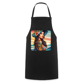 Jolie surfeuse fille sur la plage avec coucher de soleil - Tablier de cuisine - noir - Devant - AI Model Male 185 dark (185cm)
