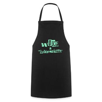 Selbstironie: WOKE & linksversifft - Kochschürze - Schwarz - Vorne - AI Model Male 185 dark (185cm)