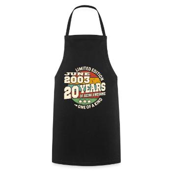 20 years old - Awesome since june 2003 - Cooking Apron - black - Front - AI Model Male 185 dark (185cm)