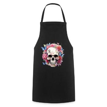 Crâne Crâne Roses Fleurs Papillons - Tablier de cuisine - noir - Devant - AI Model Male 185 dark (185cm)