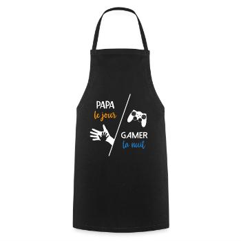 Papa le jour gamer la nuit - humour parent - Tablier de cuisine - noir - Devant - AI Model Male 185 dark (185cm)