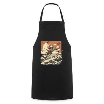 Cat Riding Shark in Japan Cartoon Art Style - Cooking Apron - black - Front - AI Model Male 185 dark (185cm)
