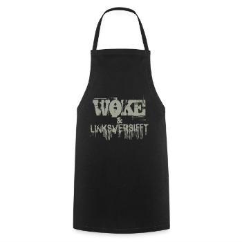 Selbstironie: WOKE & linksversifft - Kochschürze - Schwarz - Vorne - AI Model Male 185 dark (185cm)