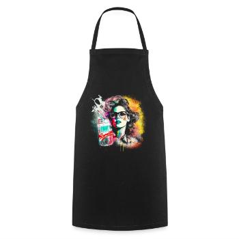 Femme rétro des années 80 avec détails à l’aérographe, canette de boisson - Tablier de cuisine - noir - Devant - AI Model Male 185 dark (185cm)