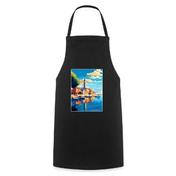 Umag Kroatien Vintage Reiseplakat WPA Souvenir - Kochschürze - Schwarz - Vorne - AI Model Male 185 dark (185cm)