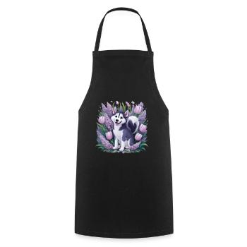 Cartoon Husky with Tulips, Lilac for Husky Fans - Cooking Apron - black - Front - AI Model Male 185 dark (185cm)