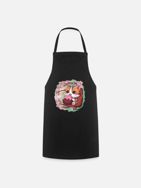 Süße Kawaii Katze mit Hanami Dango + Kirschblüten - Kochschürze - Schwarz