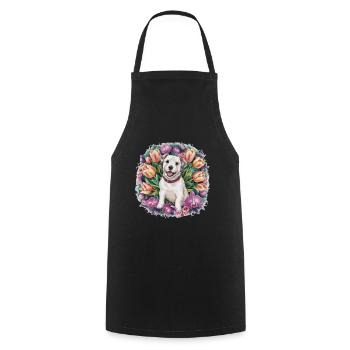 Cartoon Lagotto Romagnolo with orchids and tulips - Cooking Apron - black - Front - AI Model Male 185 dark (185cm)