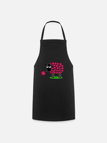Schaf mit Blumen hell rot statt Wolle - Geschenk - Kochschürze - Schwarz