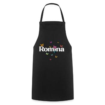 ROMINA - Schöner Mädchen Name mit Schmetterlingen - Kochschürze - Schwarz - Vorne - AI Model Male 185 dark (185cm)