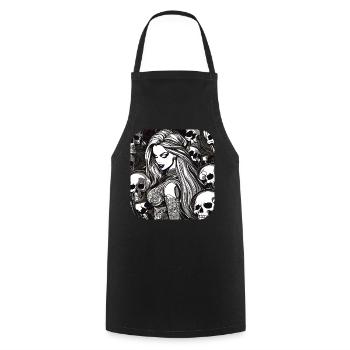 Coole Heavy Metal Frau mit Totenköpfen Gothic - Kochschürze - Schwarz - Vorne - AI Model Male 185 dark (185cm)