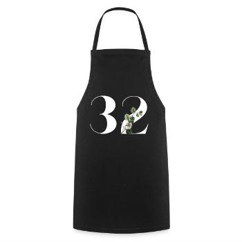 Numéro 32 floral vert - 32e anniversaire floral - Tablier de cuisine - noir - Devant - AI Model Male 185 dark (185cm)