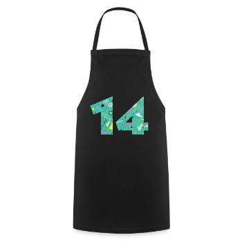 Numéro 14 anniversaire personnalisé - Tablier de cuisine - noir - Devant - AI Model Male 185 dark (185cm)