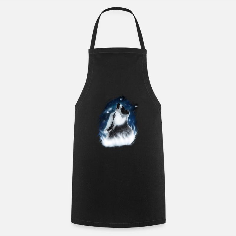 Howling Wolf in the Night Sky Airbrush Design - Cooking Apron - black