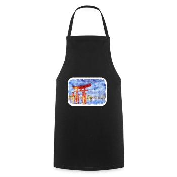 Japan Aquarellskizze Handgezeichnete Illustration - Kochschürze - Schwarz - Vorne - AI Model Male 185 dark (185cm)