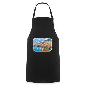 Copenhagen Denmark Watercolor Sketch Illustration - Cooking Apron - black - Front - AI Model Male 185 dark (185cm)