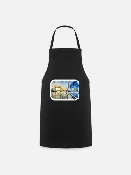 London UK Watercolor Sketch Hand Drawn Painting - Cooking Apron - black