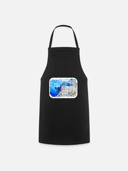 Santorin Grèce Aquarelle Esquisse Dessin Dessiné - Tablier de cuisine - noir