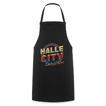 Halle Saale Germany City Font 80s Style - Cooking Apron - black - Front - AI Model Male 185 dark (185cm)