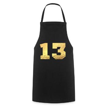 Numéro 13 paillettes doré - 13e anniversaire - Tablier de cuisine - noir - Devant - AI Model Male 185 dark (185cm)