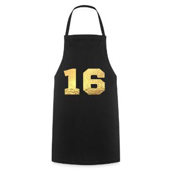 Numéro 16 paillettes doré - 16e anniversaire - Tablier de cuisine - noir - Devant - AI Model Male 185 dark (185cm)
