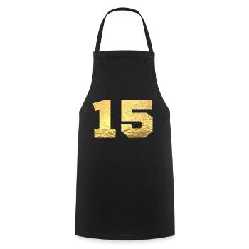 Numéro 15 paillettes doré - 15e anniversaire - Tablier de cuisine - noir - Devant - AI Model Male 185 dark (185cm)