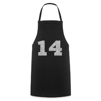 Numéro 14 paillettes argenté - 14e anniversaire - Tablier de cuisine - noir - Devant - AI Model Male 185 dark (185cm)