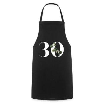 Numéro 30 floral vert - 30e anniversaire floral - Tablier de cuisine - noir - Devant - AI Model Male 185 dark (185cm)