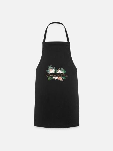 Lehrerin mit Herz -Floral-Palmen- personalisierbar - Kochschürze - Schwarz
