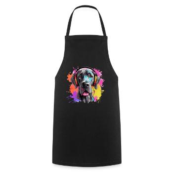 Bunte Deutsche Dogge mit Kopfhörer - Kochschürze - Schwarz - Vorne - AI Model Male 185 dark (185cm)