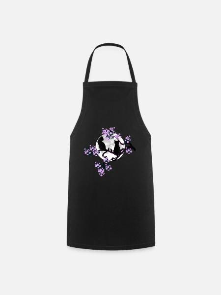 Chats sous la pleine lune dans le cerisier en fleurs - Tablier de cuisine - noir