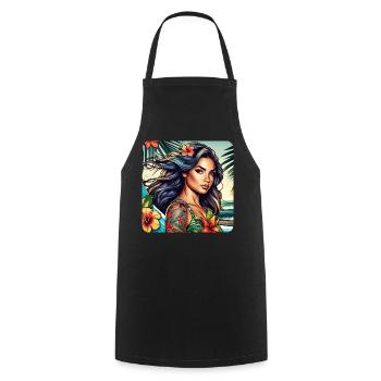 Jolie fille de plage avec des tatouages et des fleurs - Tablier de cuisine - noir - Devant - AI Model Male 185 dark (185cm)