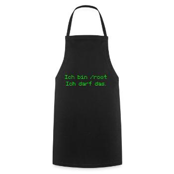 Nerd saying "I'm /root - I'm allowed to do that." - green - Cooking Apron - black - Front - AI Model Male 185 dark (185cm)