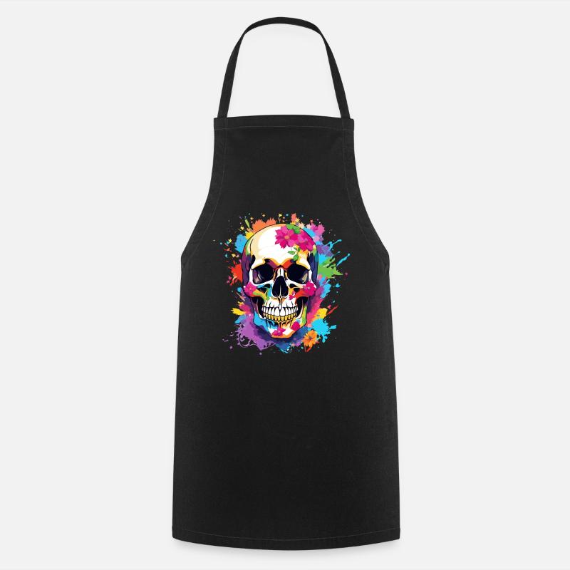Colorful Skull with Flowers - Cooking Apron - black