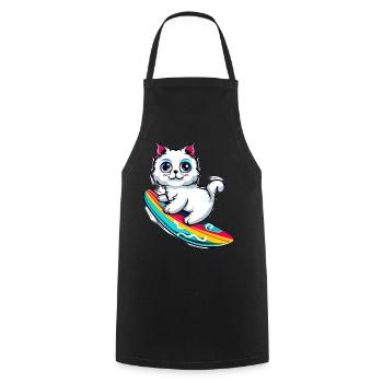 White cat on colorful surfboard - Cooking Apron - black - Front - AI Model Male 185 dark (185cm)
