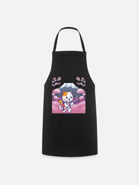 Japanese design, cat playing guitar - Cooking Apron - black
