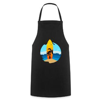 Une planche de surf avec des palmiers coincés dans le sable - Tablier de cuisine - noir - Devant - AI Model Male 185 dark (185cm)